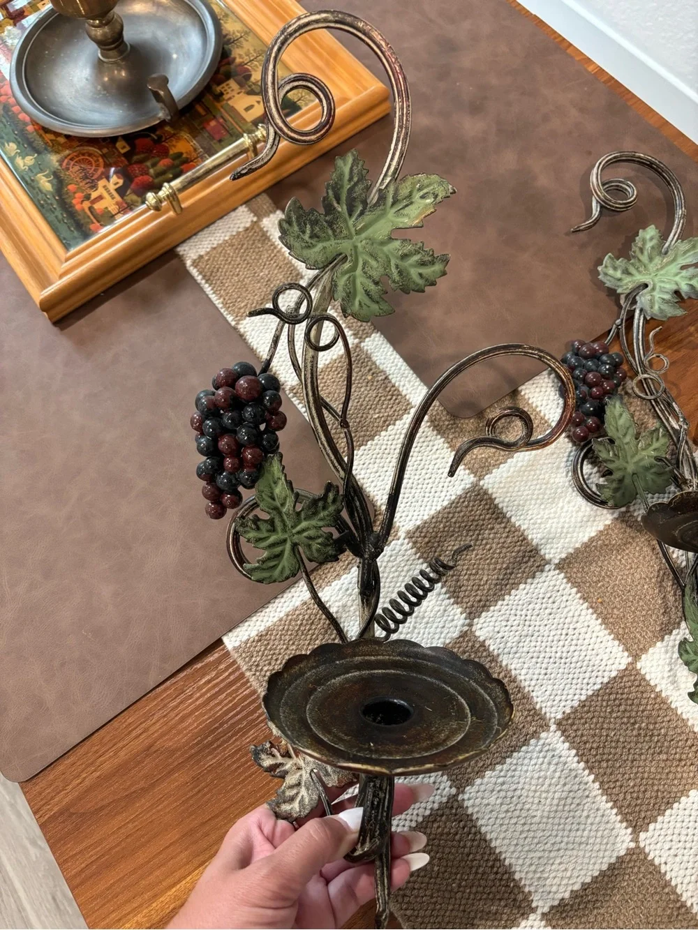 Pair of Vintage Italian Grapevine Wall Sconces - Rustic Bronze and Green